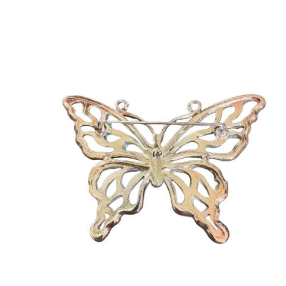 LC Turquoise & Mother of Pearl Large Butterfly Brooch Silver Tone - Picture 3 of 3